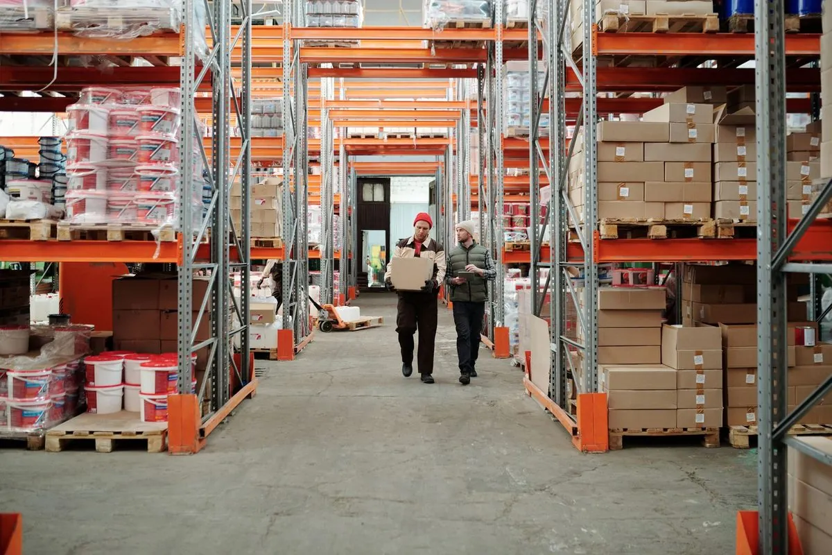 Twee magazijnmedewerkers tussen stellingen vol dozen en producten